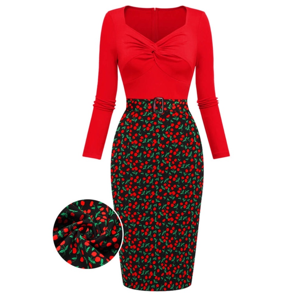 Twist Front Cherry Wiggle Dress